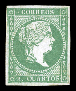 40, 1856 2c Green, mostly large margins to well clear at upper left, bright color on crisp clean paper, expertly regummed, which is not mentioned on the certificate, nearly
very fine signed Roig and accompanied by a clear 1994 Comex certificate