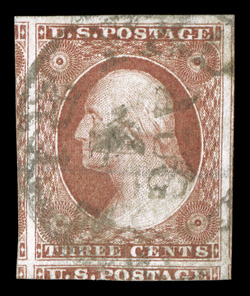 11, 3c Dull red, an impressive used single, possessing extravagantly wide margins all around, including showing substantial portions of the adjacent stamps at left and bottom,
as well as the frame line from the adjoining stamp at right, strong c