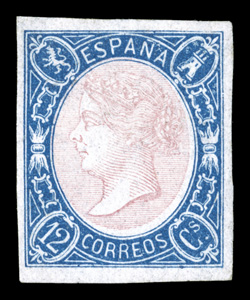 69, 1865 12c Blue and rose, select mint example, four large to very large margins, bright and fresh, full o.g., h.r., choice very fine (Edifil 70 Ç490).