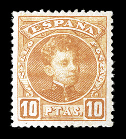286, 1900 10P Brown orange, premium quality mint example of this difficult high value, wonderfully well centered within balanced margins, rich color on fresh paper, o.g.,
l.h., extremely fine 2000 CEM certificate (Edifil 255 Ç330).