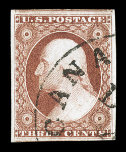11, 3c Brownish carmine, handsome used single, four large to extra-large margins, strong rich color, neat c.d.s. cancel, extremely fine 2007 PSE certificate (XF-Superb 95 SMQ
$265.00).