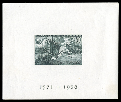 B108O-P, 1938 30c and 50c Battle of Lepanto souvenir sheets imperforate cplt., both very fresh, o.g., n.h., 30c sheet with a trivial paper wrinkle at left, otherwise very fine
and scarce only 5,000 of each were issued (Edifil 864-65 Ç1,550).