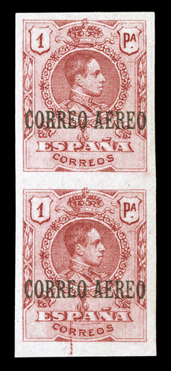 C1a-5a, 1920 5c-1P Alfonso, Correo Aereo overprints imperforate, cplt., vertical pairs, each with large to very large margins all around, o.g., 1P l.h., the others n.h.,
extremely fine set (Edifil 292s-96s Ç692).