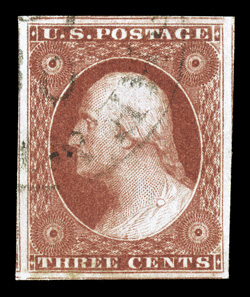 11A, 3c Brownish carmine, Ty. II, position 12R5L, a stunning used single, not only possessing extraordinarily large balanced margins all around, but also featuring glorious
rich color and a superbly detailed impression on fresh white paper, ligh