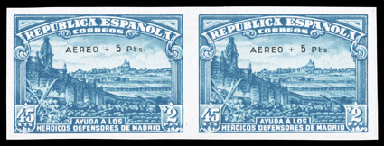 CB6a, 1938 45c + 2P Defenders of Madrid surcharged Aero + 5Pts., imperforate, horizontal pair, large even margins, o.g., trivial h.r., extremely fine 1989 APS certificate
(Edifil 759s Ç970).
