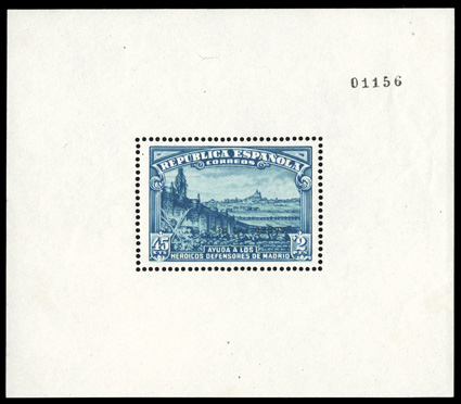 CB6d, 1938 45c + 2P Defenders of Madrid souvenir sheet surcharged Aero + 5Pts. inverted, a superb mint example of this rare and sought-after souvenir sheet error, fresh and
well centered, immaculate o.g., n.h., extremely fine and choice Graus