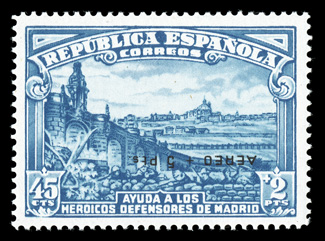 CB6d var., 1938 45c + 2P Defenders of Madrid surcharged Aero + 5Pts. inverted, single taken from the souvenir sheet, fresh and well centered, o.g., l.h., very fine and rare
signed Bloch.