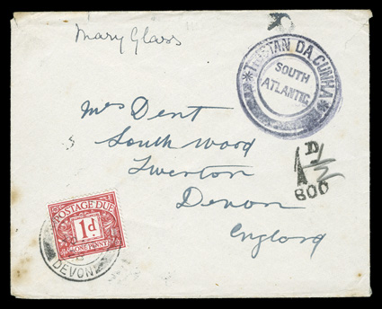 S.G. C2, Tristan Da CunhaSouth Atlantic black violet handstamp, Cachet II, strong strike on 1928 unfranked islanders cover to England from Mary Glass, handstamped 1d due
marking which was changed to 1½ in pencil but only a 1p Carmine ros
