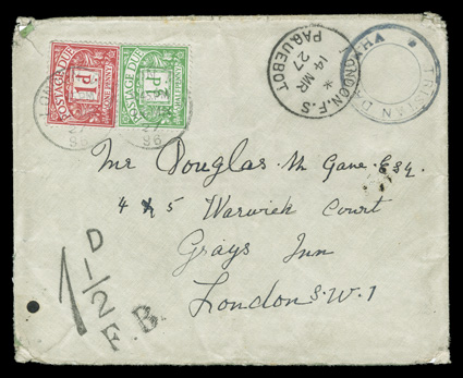 S.G. C3, Tristan Da Cunha black handstamp, Cachet III, clear strike on 1927 islanders cover to England, London, F.S.Paquebot14 Mr 27 c.d.s. at left with sharp 1½d postage due
handstamp of the foreign branch below, ½p Emerald and 1p Carm