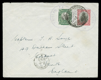 S.G. C4, Tristan Da Cunha large violet handstamp, Cachet IV, an unusual prepaid cover with ½p Dark green and black and 1p Carmine and black South African franking tied by two
light but readable strikes of the type IV cachet, addressed to Engla