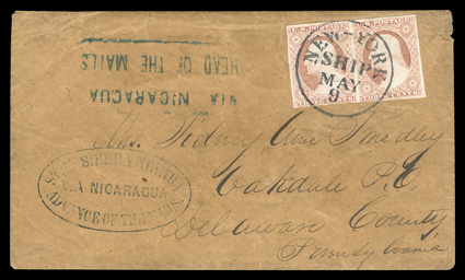 Via NicaraguaAhead of the Mails, blue boxed handstamp on buff cover to Oakdale, Pa., additionally struck with mostly clear blue oval Stmr. Sierra NevadaVia NicaraguaAdvance of
the Mails handstamp, entered the mails with horizontal pair 3c Du