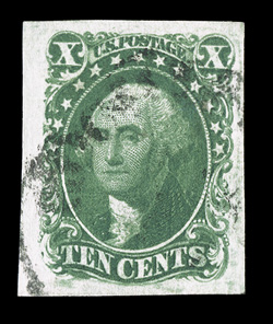 14, 10c Green, Ty. II, an exceptionally choice used single, possessing enormously large margins all around, strong rich color and a razor-sharp impression, light town cancel,
extremely fine a true gem example 1998 PF certificate.