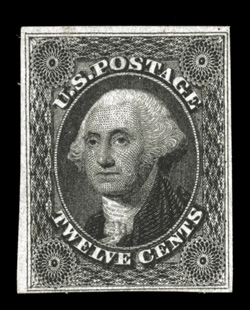 17, 12c Intense black, scarce mint single, possessing remarkably deep color that the accompanying certificate specifically identifies as the Intense black shade, prooflike
impression, ample to large margins on all four sides, full original gum,