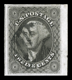 17, 12c Black, an incredible quality right sheet-margin single, other three margins are also large and well balanced, with a portion of the adjoining stamp at left, especially
fresh color and a crisp detailed impression, unusually light grid can