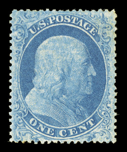 18, 1c Blue, Ty. I, premium quality mint single, with far better centering than usually encountered on this always difficult stamp, strong color in a lovely pastel shade, full
original gum, lightly hinged, extremely fine and choice 1969 PF cert