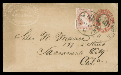 11, 3c Dull red, clear to large margins all around, tied to 3c Red on buff entire (U2) to Sacramento, Cal. by New YorkMar 6 (1854) Ocean Mail postmark, grocers colorless
embossed corner card at upper left, cover with a bit of toning mostly