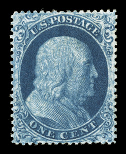 22, 1c Blue, Ty. IIIa, a wonderfully choice mint single in a condition that is rarely seen, extraordinarily well centered, rich luxuriant color and a well incised impression,
full o.g., relatively lightly hinged, extremely fine 2008 PSE certifi