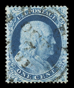 22, 1c Blue, Ty. IIIa, a highly desirable used example, being remarkably well centered within much wider margins than typically encountered, deep rich color, light town c.d.s.
cancel, extremely fine 1988 PF certificate.