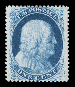 24, 1c Blue, Ty. V, exceedingly well centered within particularly wide margins, sumptuously rich color and an excellent clarity of impression on bright paper, o.g., never
hinged, extremely fine 1993 PF certificate.