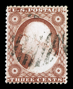 25A, 3c Rose, Ty. II, a gem used example of a difficult stamp to find thus, being extraordinarily well centered, plus its color is considerably stronger and deeper than usual,
clean crisp impression, light grid in circle pmk., extremely fine 19