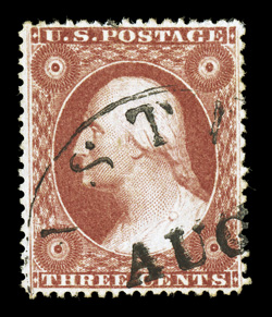26, 3c Brownish carmine, Ty. III, a superb used example of this relatively common stamp, but in a quality that is almost never seen, being incredibly well centered within much
larger margins than normally found on this tightly-spaced stamp, gorg
