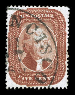 27, 5c Brick red, Ty. I, an outstanding used example of this incredibly difficult classic stamp, being the beneficiary of virtually perfect centering and with its margins
completely clearing the perforations all around, virtually unheard of on t
