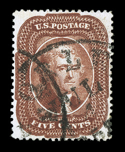 28, 5c Red brown, Ty. I, premium used single, exceptionally well centered and margined, rich luxuriant color and an excellent impression, town c.d.s. cancels, extremely fine
1984 and 1999 PF certificates.