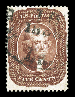28, 5c Red brown, Ty. I, unusually well centered and margined, intensely rich color, so much so that in 1967 the P.F. certified this as the Indian red color (28A), light New
Orleans town cancel, extremely fine 1967 PF certificate (as 28A) and