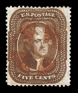 30, 5c Orange brown, Ty. II, well centered, deeply rich color and a sharp impression, beautifully cancelled by a bright red quarter cork pmk. centrally struck, trivial natural
inclusion, very fine clear 1990 PF certificate.