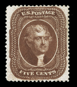 30A, 5c Brown, Ty. II, an attractive mint example of this very difficult stamp, which is far more rare mint than its Orange brown counterpart which was remaindered at the time
of demonitization, being exceptionally well centered within much wide
