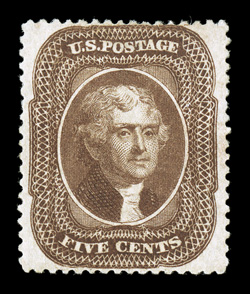 30A, 5c Brown, Ty. II, desirable mint single, possessing excellent centering within large margins, strong rich color and a crisp impression, full o.g., lightly hinged,
extremely fine 1996 PF certificate and a 2005 PSE certificate.