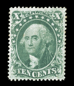 33, 10c Green, Ty. III, position 90R1, an incredibly choice and exceedingly rare mint single, possessing far better centering and considerably larger margins than what is
typically found, plus its color is marvelously bright and fresh, full orig