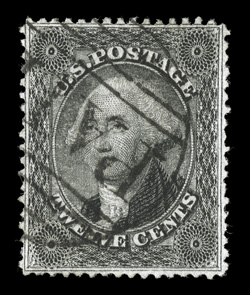 36, 12c Black, plate I, used, excellent centering for this most difficult stamp, strong color and impression, neat large Boston Paid in grid cancel, extremely fine 2003 and
2009 PF certificates.