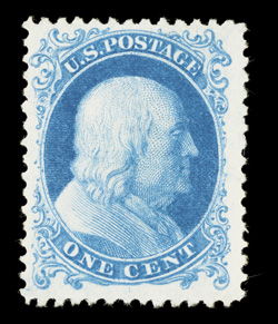 40, 1c Bright blue reprint, without gum as issued, nicely centered within large margins, bright and fresh, very fine 1997 PSE certificate.