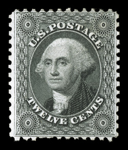 44, 12c Greenish black reprint, without gum as issued, nicely centered, fresh color, a couple nibbed perfs. at bottom, otherwise very fine only 489 sold clear 2001 PSE
certificate.