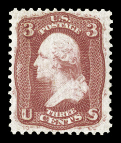 56, 3c Brown rose August, exceptionally well centered, strong color, full original gum, lightly hinged, choice very fine 2007 PF certificate.