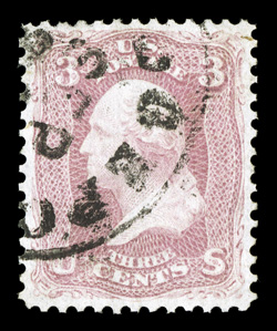 64, 3c Pink, a gorgeous used example of this difficult and typically misidentified stamp, featuring flawless centering amid large margins, lovely rich and true pink color, neat
town c.d.s., extremely fine a truly rare stamp to find in this gem