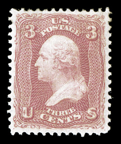 65, 3c Rose, a lovely mint single, exceptionally well centered within generous and remarkably well balanced margins, vivid rich color and a proof like impression on fresh
paper, o.g., extremely fine and handsome.