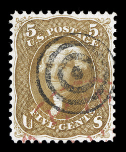 67, 5c Buff, exceedingly well balanced margins all around, strong rich color, neat target cancel and a red exchange office pmk., certificate mentions a few blunted perfs. at
right which are really quite trivial and unworthy of mention, otherwise