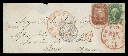 27, 35, 5c Brick red, Ty. I and 35, 10c Green, Ty. V, nicely centered singles of each, 10c with small tear at base, tied by red Paid in circle to oblong cover to France, entered
the mails with red Providence, R.I.Nov 4, 1859 c.d.s., bold r