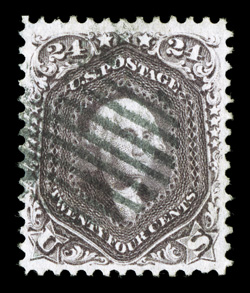 70, 24c Red lilac, beautiful color in an especially deep and rich shade (noted as Deep red lilac on the accompanying certificate), a superbly detailed impression on pristine
white paper, exceedingly well centered and margined, grid cancel, extre