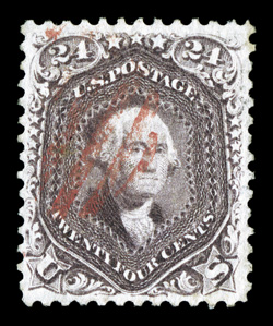 70, 24c Red lilac, pretty used single, lovely rich color and a strong detailed impression, exceptionally well centered and margined, bright red grid cancel, light owners
handstamp on back, extremely fine clear 1988 PF certificate and a 200