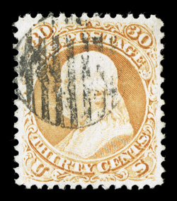 71, 30c Orange, exceptionally well centered within lavishly large margins for this value, bright color, relatively light grid cancel, extremely fine 1985 and 1999 PF
certificates.