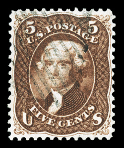 75, 5c Red brown, a most impressive used example of one of the most difficult 19th Century stamps to find in any kind of premium quality, incredibly well centered, outstanding
color that is unusually deep and luxuriant, razor-sharp impression, l