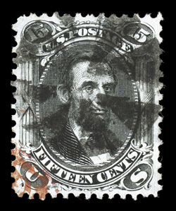 77, 15c Black, attractive used single, wonderfully well centered, strong fresh color, neat circle of wedges cancel as well as a portion of a red transit postmark at bottom
left, extremely fine 2005 PF certificate.