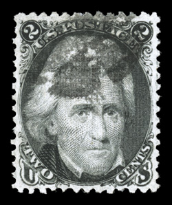 85B, 2c Black, Z grill, much better centering and larger margins than typically found on this stamp, deep color and a razor-sharp impression on fresh paper, light cork cancel,
excellent grill impression, extremely fine for this scarce stamp 2