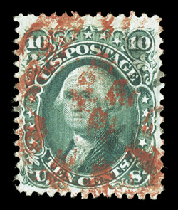 89, 10c Green, E grill, an eye-catching used example, featuring rich luxuriant color that is beautifully contrasted by a brilliant red town cancel, faint black cancel as well,
exceedingly well centered and margined, extremely fine 2009 PF