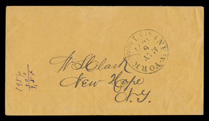 New-YorkMay 6Paid 1 Quarter, clear postmark of buff cover to New Hope, N.Y., fresh and very fine a surprisingly uncommon cancellation a system was developed by the N.Y.P.O.,
where large firms were able to pay for their mailings on a quarterly