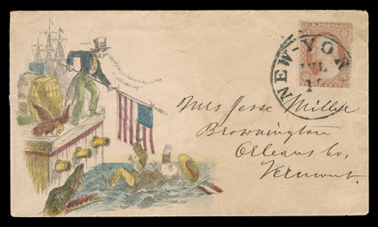 26, 3c Dull red, Ty. III, tied by New-YorkJul 1 c.d.s. to a Berlin & Jones hand colored patriotic cover to Brownington, Vermont, cover with trivial small water stain in the
address, very fine and handsome patriotic covers used from New York