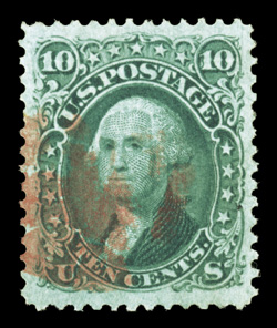 96, 10c Yellow green, F grill, an especially pretty used example, featuring outstanding color that is remarkably deep and luxuriant, as well as a highly detailed impression,
beautifully centered amid lavishly large margins, bright red cork